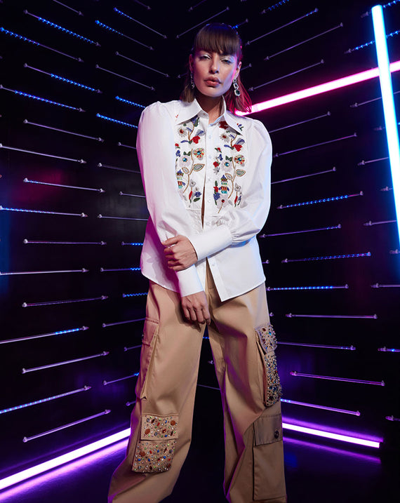 WHITE YOKE EMBROIDERED SHIRT