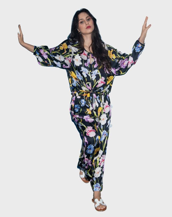 Black Base Colourful Flower Wide Leg Trouser