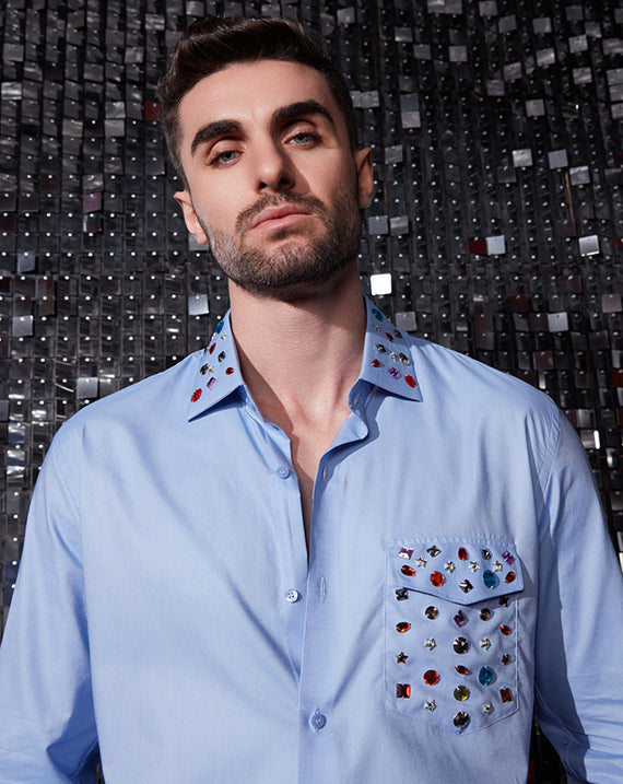 BLUE RHINESTONE POCKET SHIRT