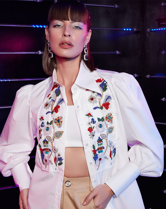 WHITE YOKE EMBROIDERED SHIRT