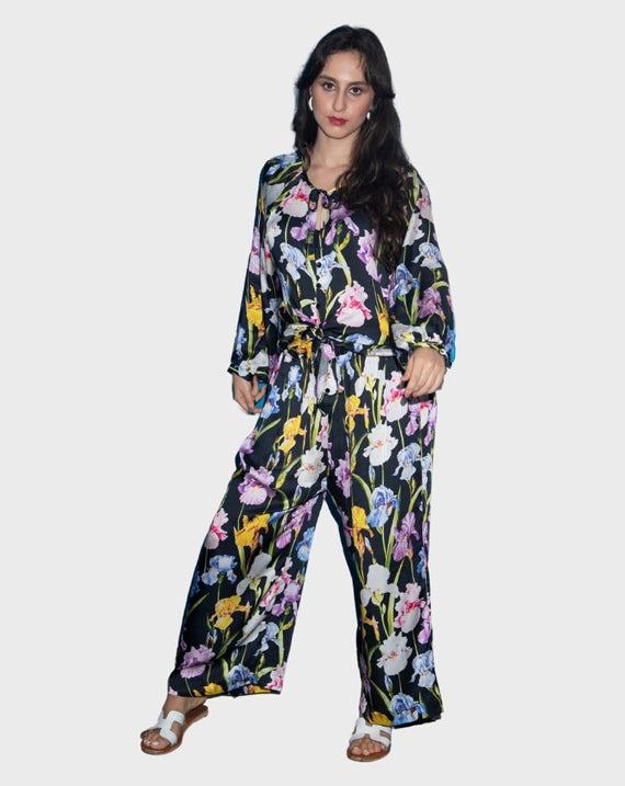 Black Base Colourful Flower Wide Leg Trouser