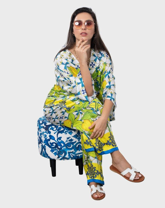 Big Lemon Tile Print Wide Leg Trouser