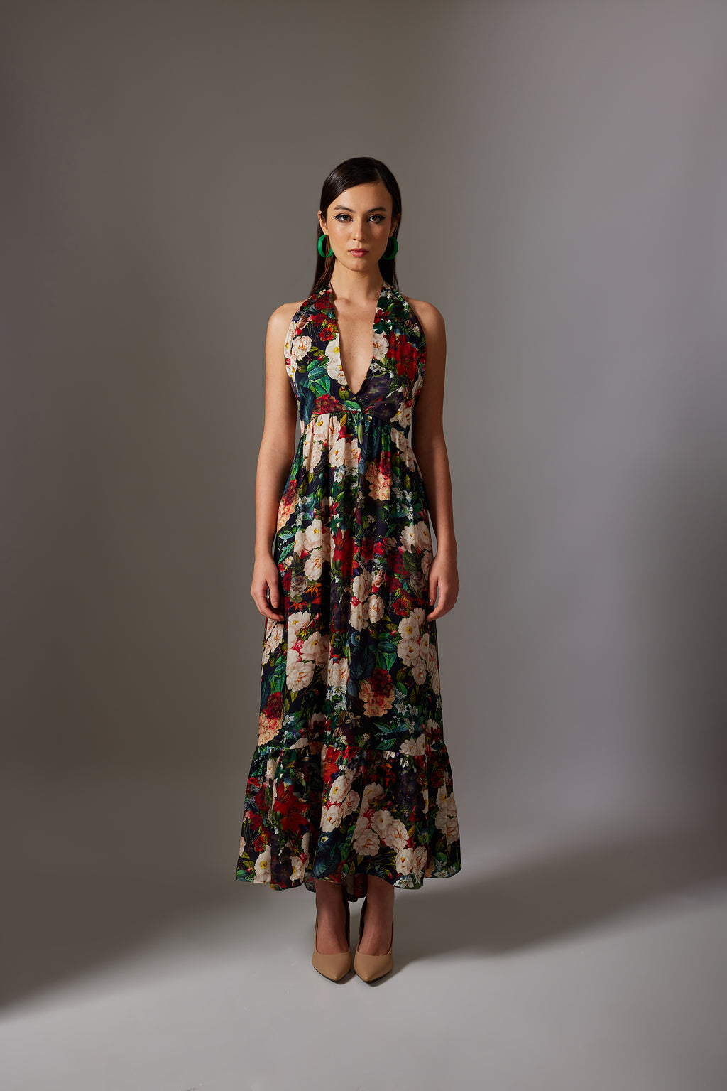 CANCLINI PRINT BLACK HALTER DRESS