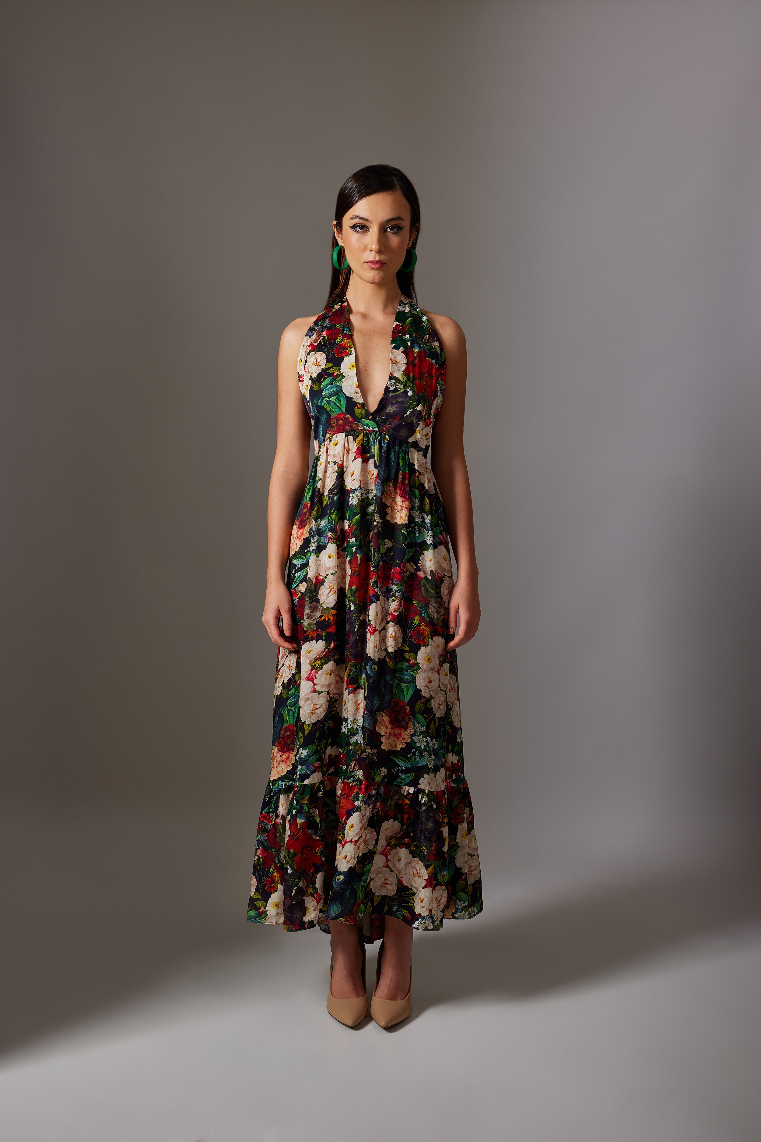 CANCLINI PRINT BLACK HALTER DRESS