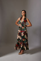 CANCLINI PRINT BLACK HALTER DRESS