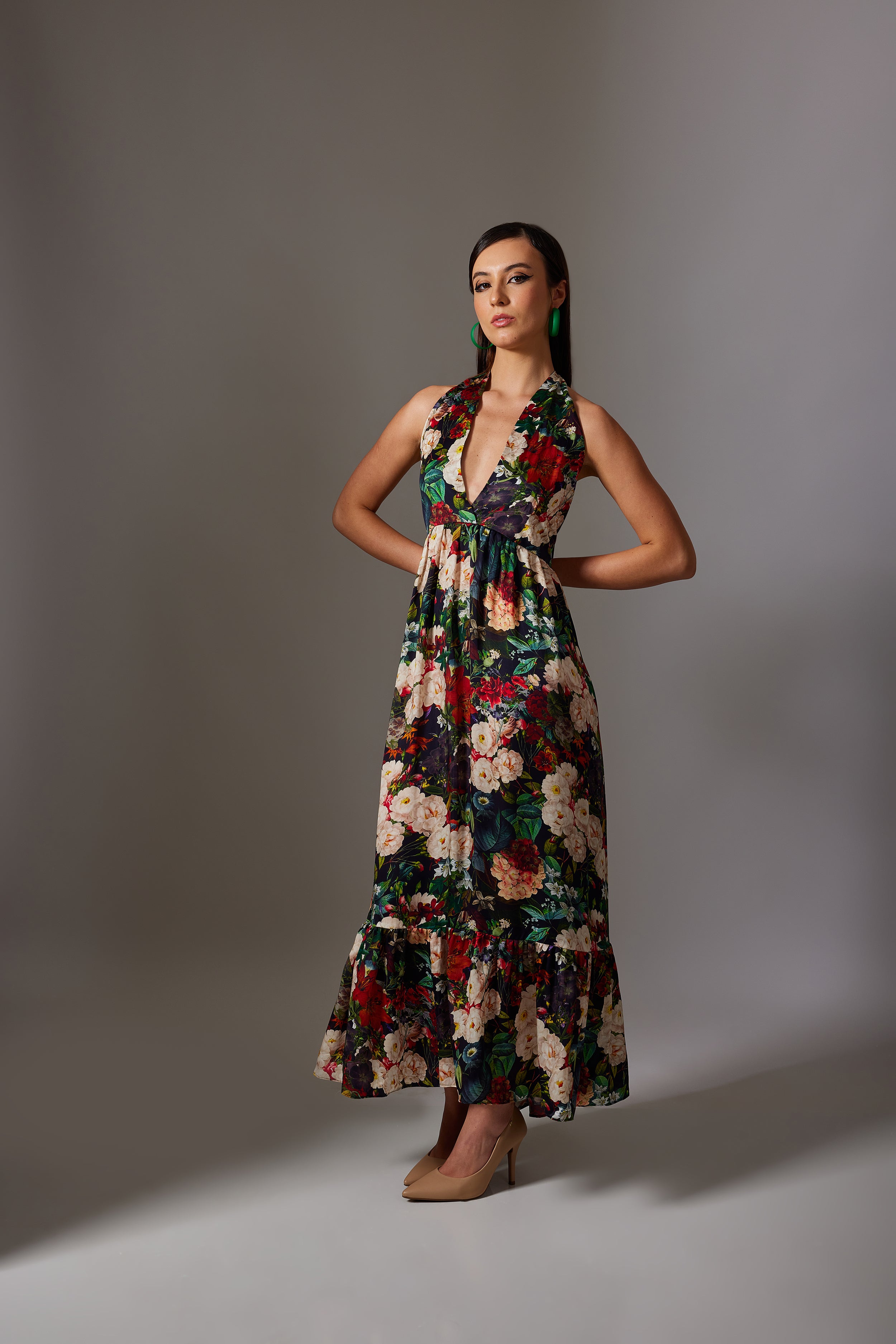 CANCLINI PRINT BLACK HALTER DRESS