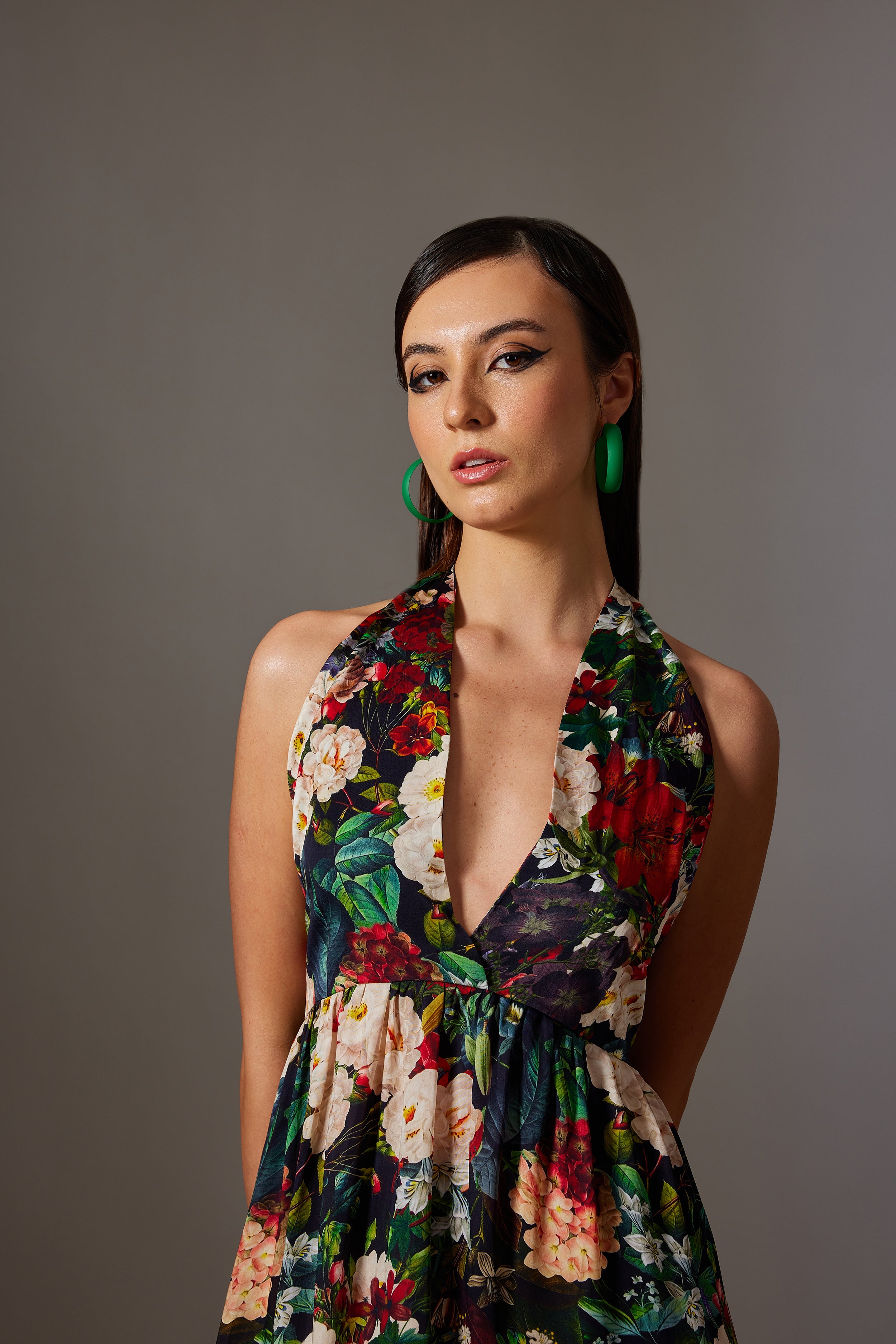 CANCLINI PRINT BLACK HALTER DRESS