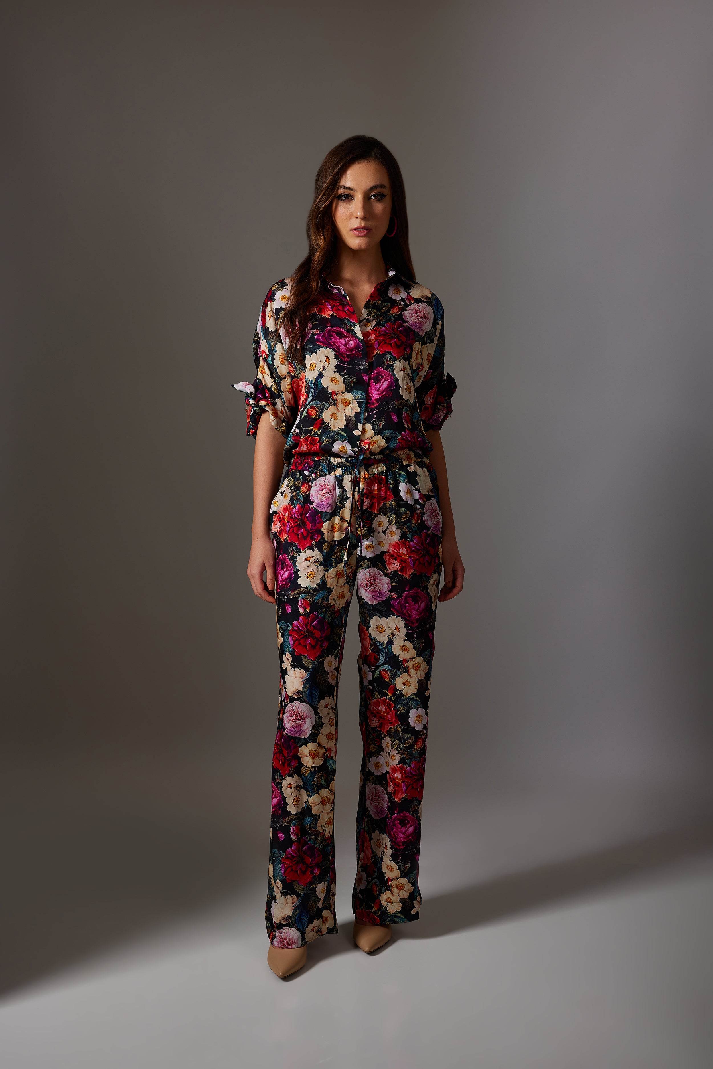 CANCLINI ROSE PRINT TIE-UP SLEEVE SHIRT