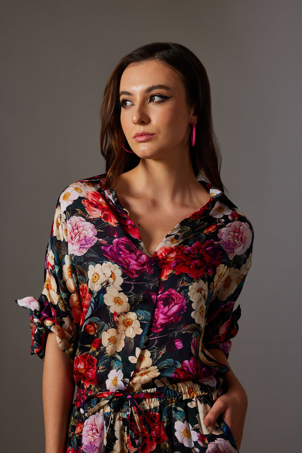 CANCLINI ROSE PRINT TIE-UP SLEEVE SHIRT