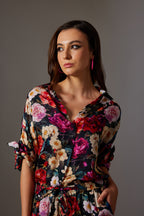 CANCLINI ROSE PRINT TIE-UP SLEEVE SHIRT