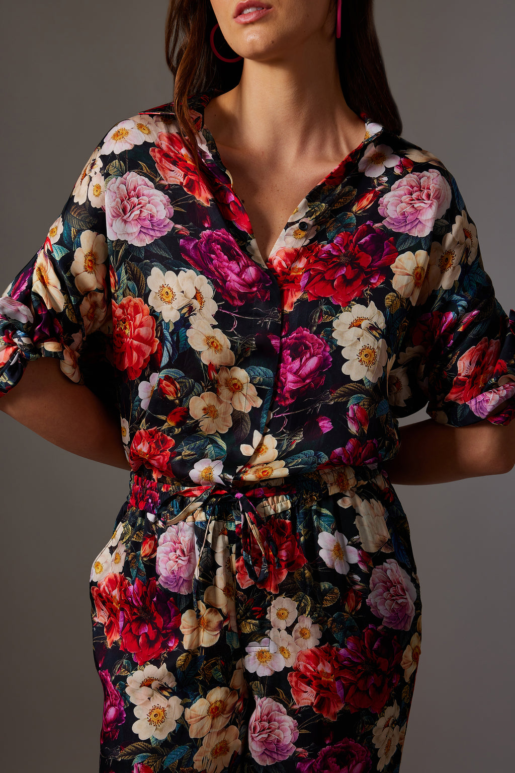 CANCLINI ROSE PRINT TIE-UP SLEEVE SHIRT